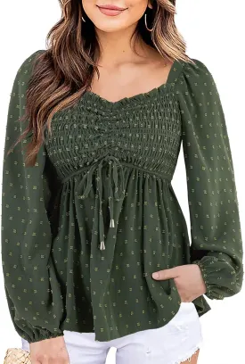 Imysty Womens V Neck Smocked Peplum Tops Balloon Long Sleeve Swiss Dot Ruched Blouses Shirt