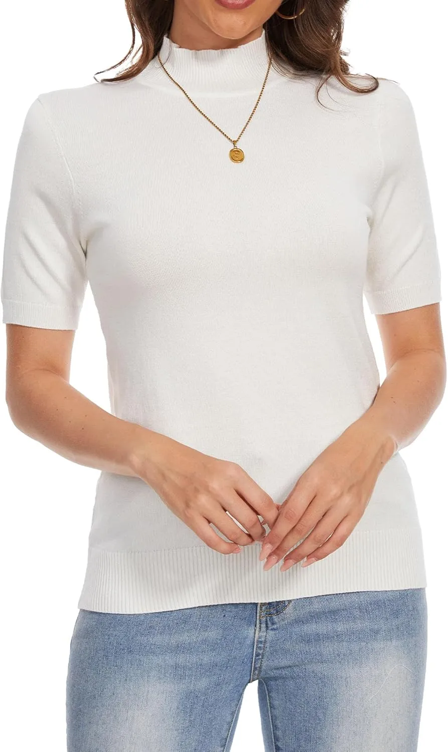 INKOFF Women's Short Sleeve Mock Neck Sweater Top Turtleneck Dressy Pullover Knit Shirt