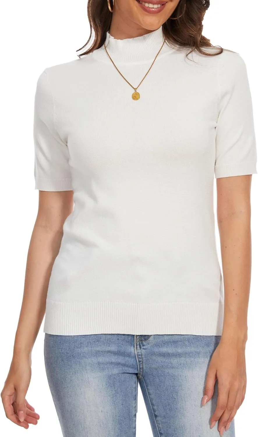 INKOFF Women's Short Sleeve Mock Neck Sweater Top Turtleneck Dressy Pullover Knit Shirt