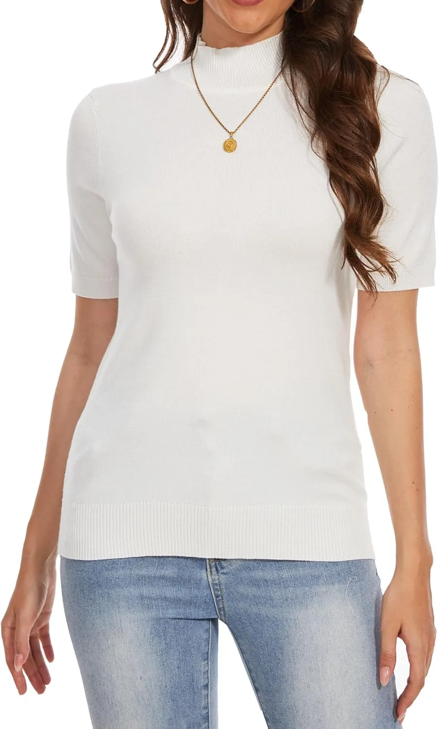 INKOFF Women's Short Sleeve Mock Neck Sweater Top Turtleneck Dressy Pullover Knit Shirt