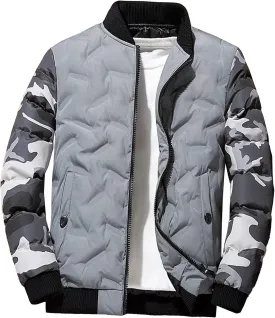 JEsilunmaMY Men's Lightweight Camo Bomber Jackets Winter Rib Varsity Baseball Quilted Jacket Windproof Warm Padded Coats