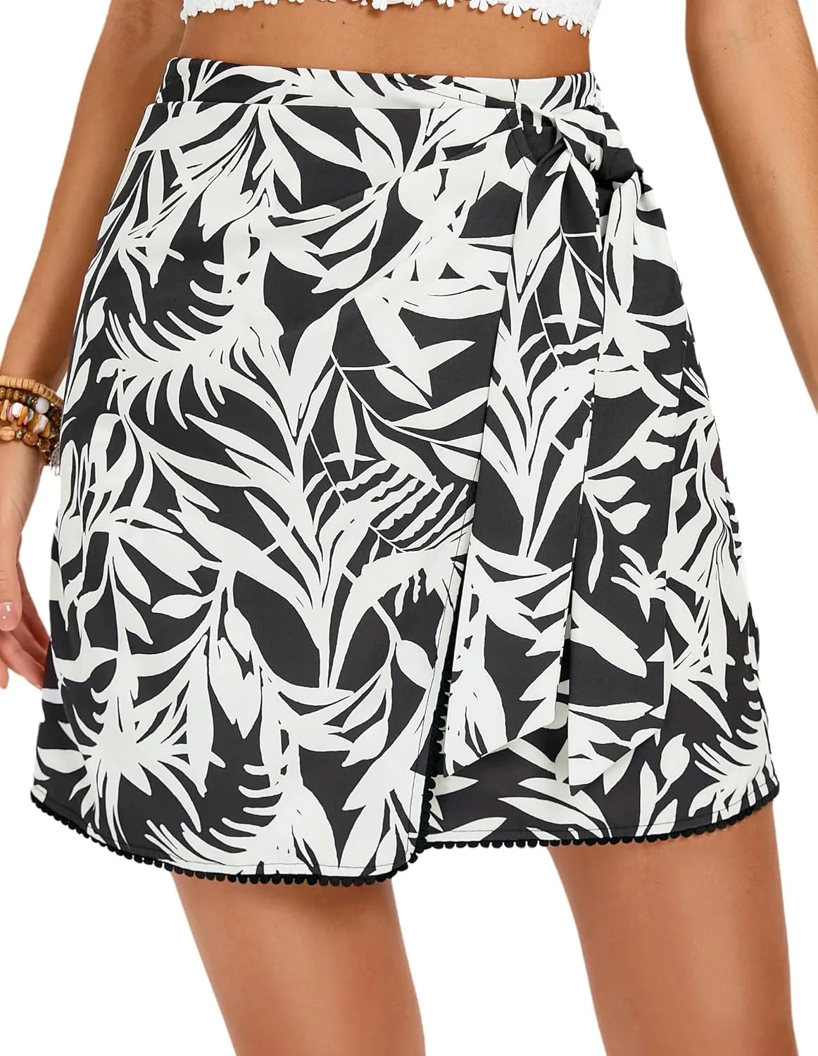 Kate Kasin Women's Boho Mini Skirts Floral Wrap Tie Skirt Elastic High Waisted Summer Casual Beach Skirts 2025