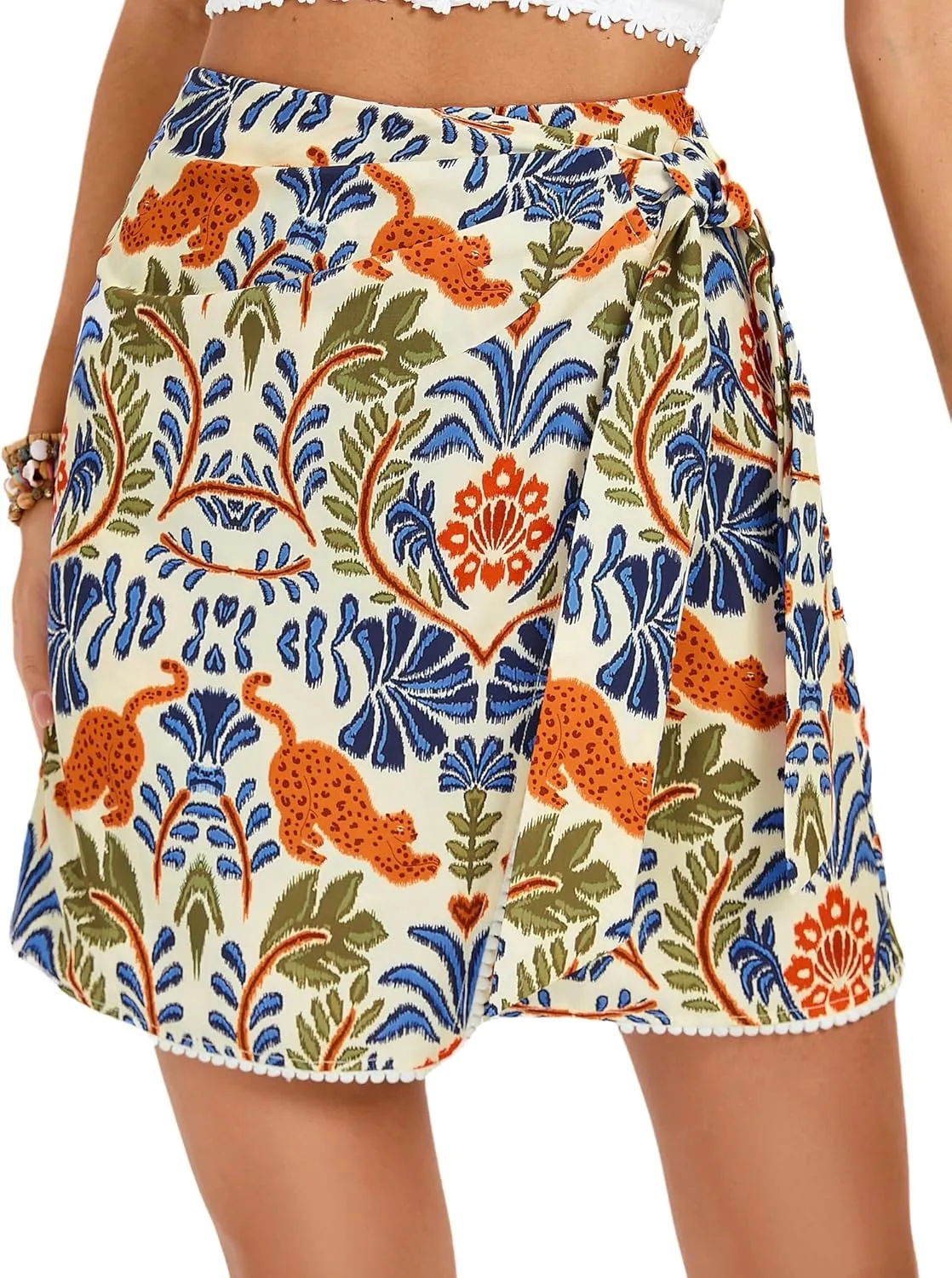 Kate Kasin Women's Boho Mini Skirts Floral Wrap Tie Skirt Elastic High Waisted Summer Casual Beach Skirts 2025