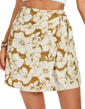 Kate Kasin Women's Boho Mini Skirts Floral Wrap Tie Skirt Elastic High Waisted Summer Casual Beach Skirts 2025