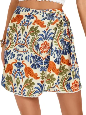 Kate Kasin Women's Boho Mini Skirts Floral Wrap Tie Skirt Elastic High Waisted Summer Casual Beach Skirts 2025