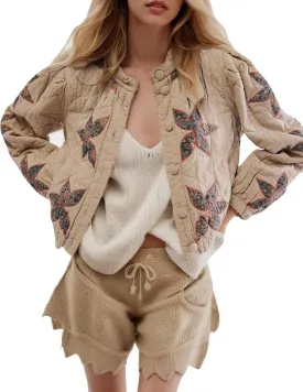 Kedera Women's Quilted Lightweight Jackets Floral Embroidered Crop Puffer Coat Padded Gilet Winter Outerwear with Pocket
