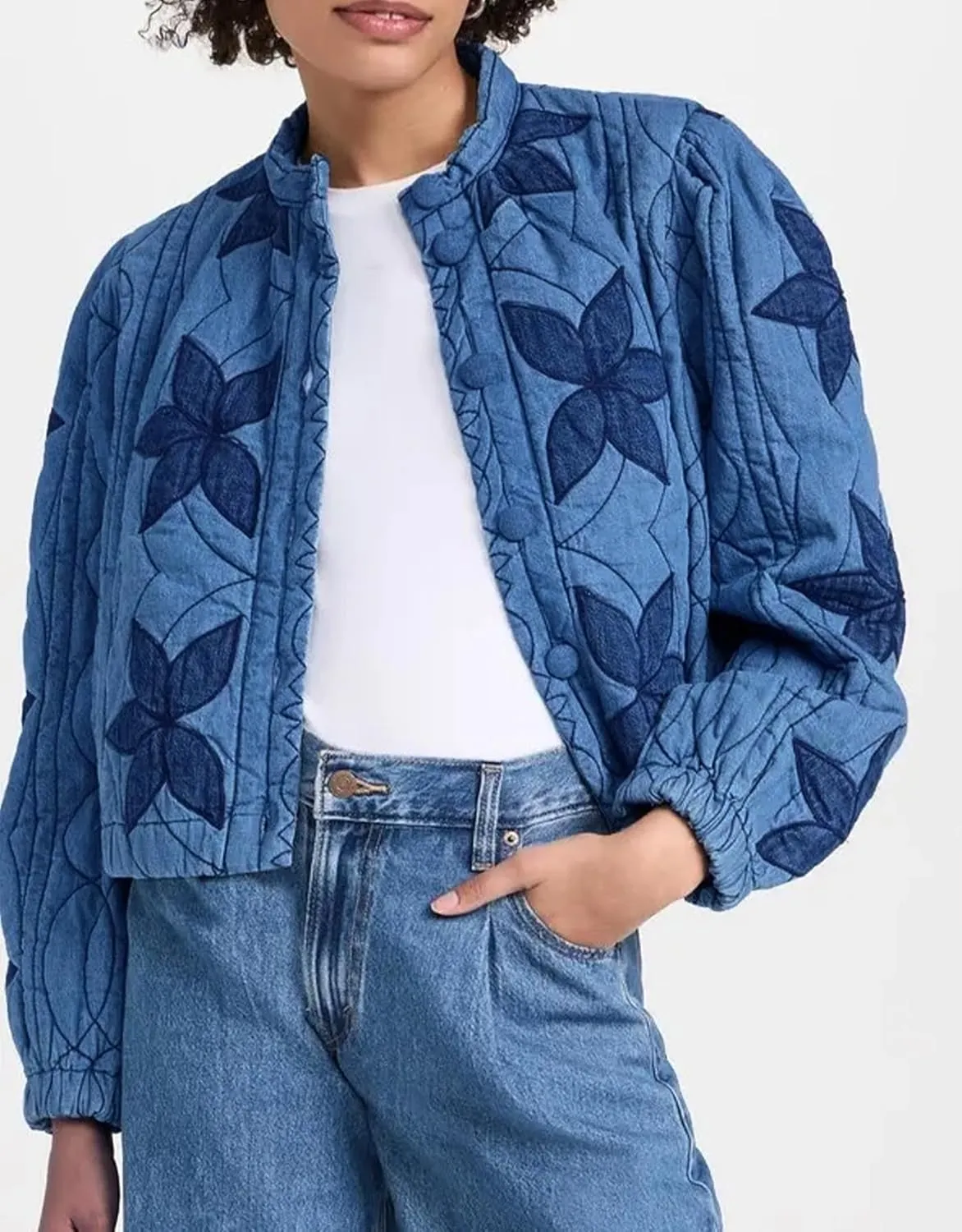 Kedera Women's Quilted Lightweight Jackets Floral Embroidered Crop Puffer Coat Padded Gilet Winter Outerwear with Pocket