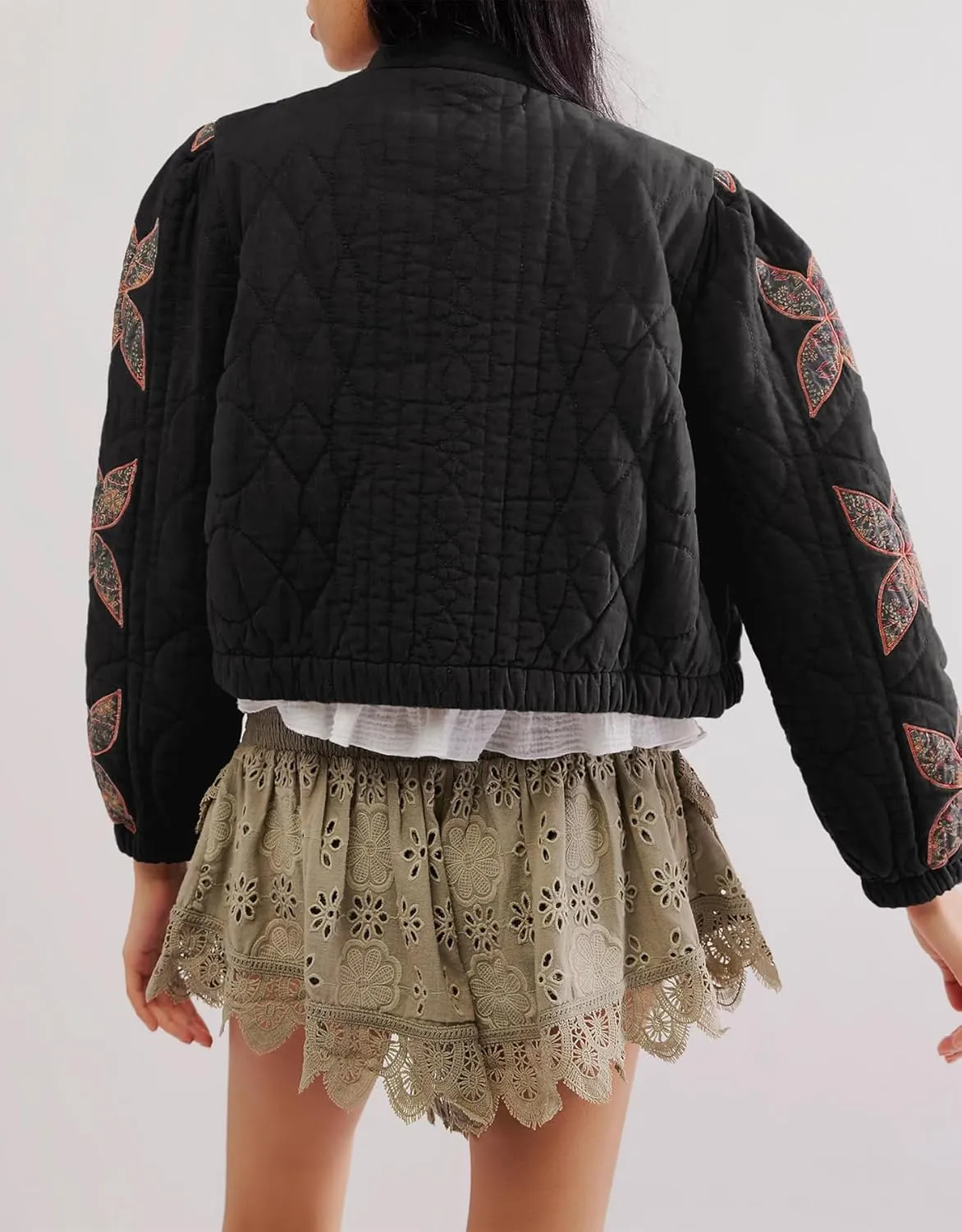 Kedera Women's Quilted Lightweight Jackets Floral Embroidered Crop Puffer Coat Padded Gilet Winter Outerwear with Pocket