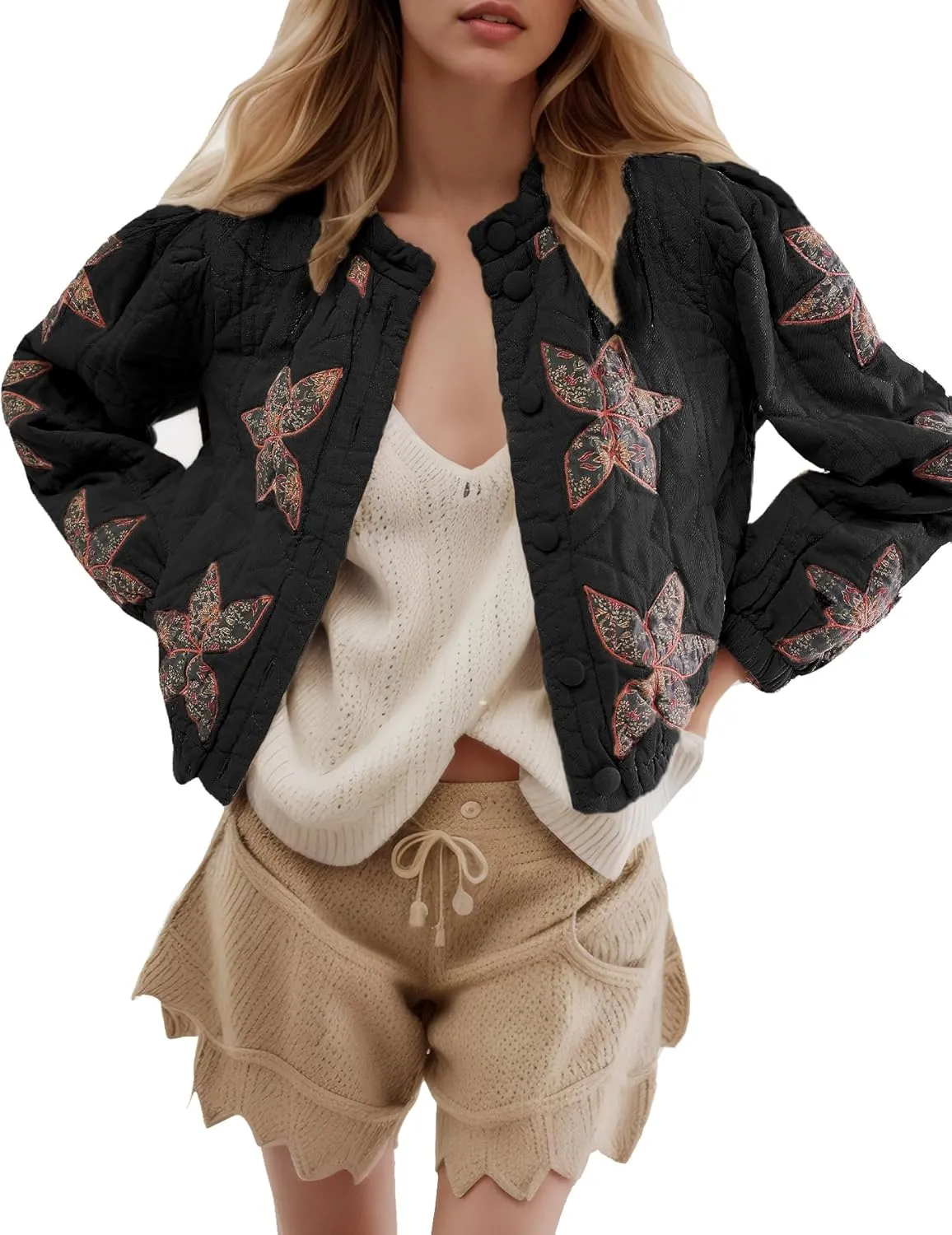 Kedera Women's Quilted Lightweight Jackets Floral Embroidered Crop Puffer Coat Padded Gilet Winter Outerwear with Pocket