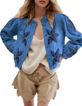Kedera Women's Quilted Lightweight Jackets Floral Embroidered Crop Puffer Coat Padded Gilet Winter Outerwear with Pocket
