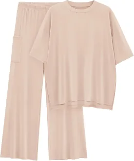 KIRUNDO Womens 2 Piece Outfits 2025 Summer Casual Loose Short Sleeve Pullover Tops & Wide Leg Pants Lounge Sets Tracksuit