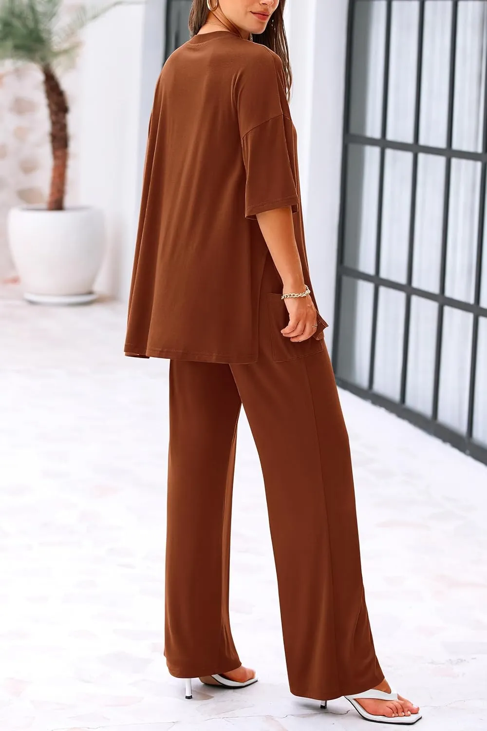 KIRUNDO Womens 2 Piece Outfits 2025 Summer Casual Loose Short Sleeve Pullover Tops & Wide Leg Pants Lounge Sets Tracksuit