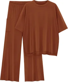 KIRUNDO Womens 2 Piece Outfits 2025 Summer Casual Loose Short Sleeve Pullover Tops & Wide Leg Pants Lounge Sets Tracksuit