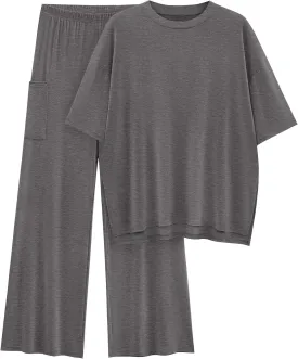 KIRUNDO Womens 2 Piece Outfits 2025 Summer Casual Loose Short Sleeve Pullover Tops & Wide Leg Pants Lounge Sets Tracksuit