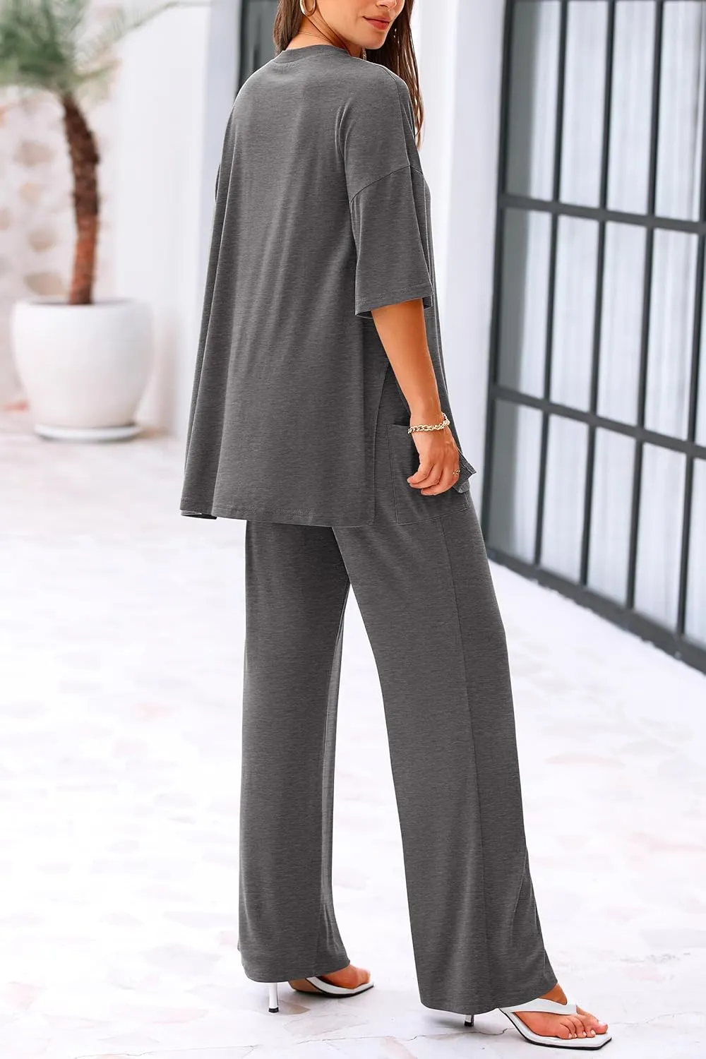 KIRUNDO Womens 2 Piece Outfits 2025 Summer Casual Loose Short Sleeve Pullover Tops & Wide Leg Pants Lounge Sets Tracksuit
