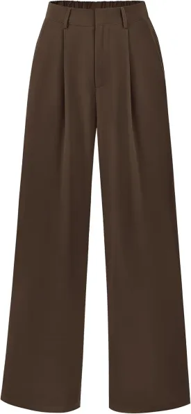 KIRUNDO Women's Elastic High Waisted Wide Leg Dress Pants Loose Fit Pleated Front Business Casual Work Pants Trousers