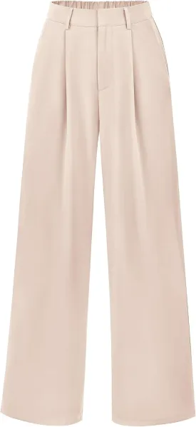 KIRUNDO Women's Elastic High Waisted Wide Leg Dress Pants Loose Fit Pleated Front Business Casual Work Pants Trousers