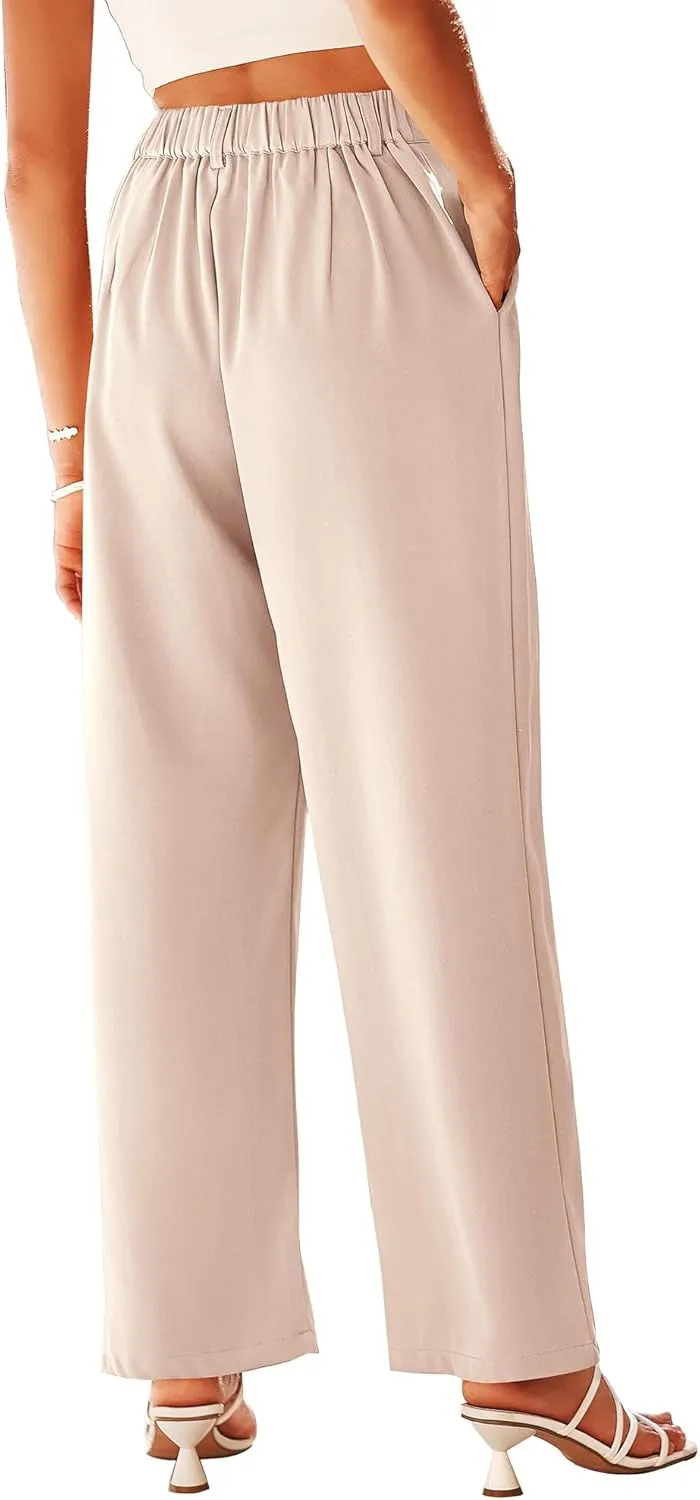 KIRUNDO Women's Elastic High Waisted Wide Leg Dress Pants Loose Fit Pleated Front Business Casual Work Pants Trousers