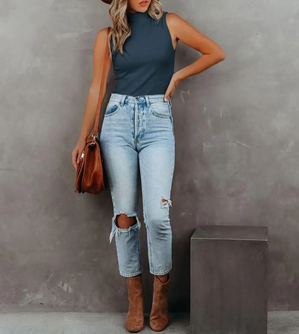 Lacozy Tank Tops for Women's Mock Turtleneck Top 2025 Summer Basic Sleeveless Stretch Ribbed Slim Fit Shirt