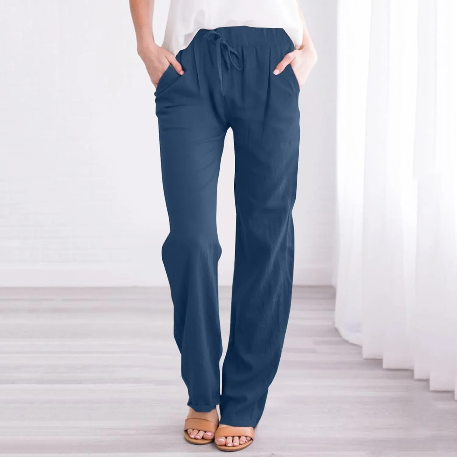 Linen Pants Women Cotton Linen Straight Leg Lightweight Pants Summer Pants Plus Size Women Loose Fit Trousers
