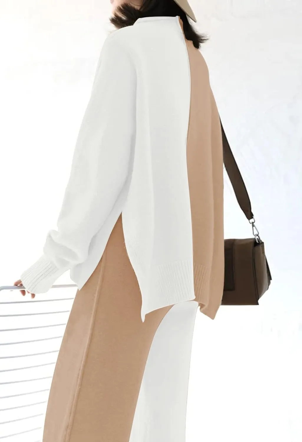 Linsery Women 2 Piece Sweater Sets High Neck Knitted Pullover Wide Leg Casual Sweatsuit