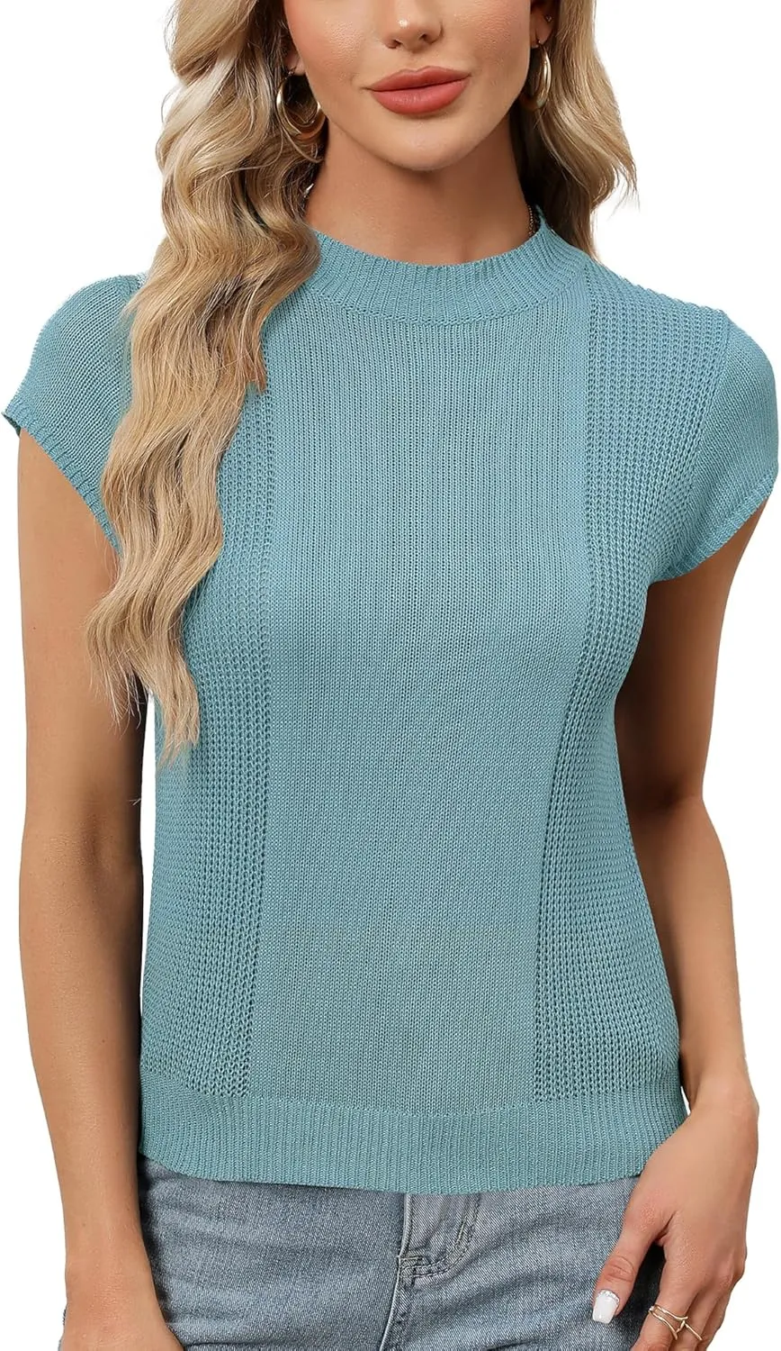 LOMON Women's Summer Cap Sleeve Knit Tops Mock Neck Business Casual Sweaters Lightweight Pullover Blouses