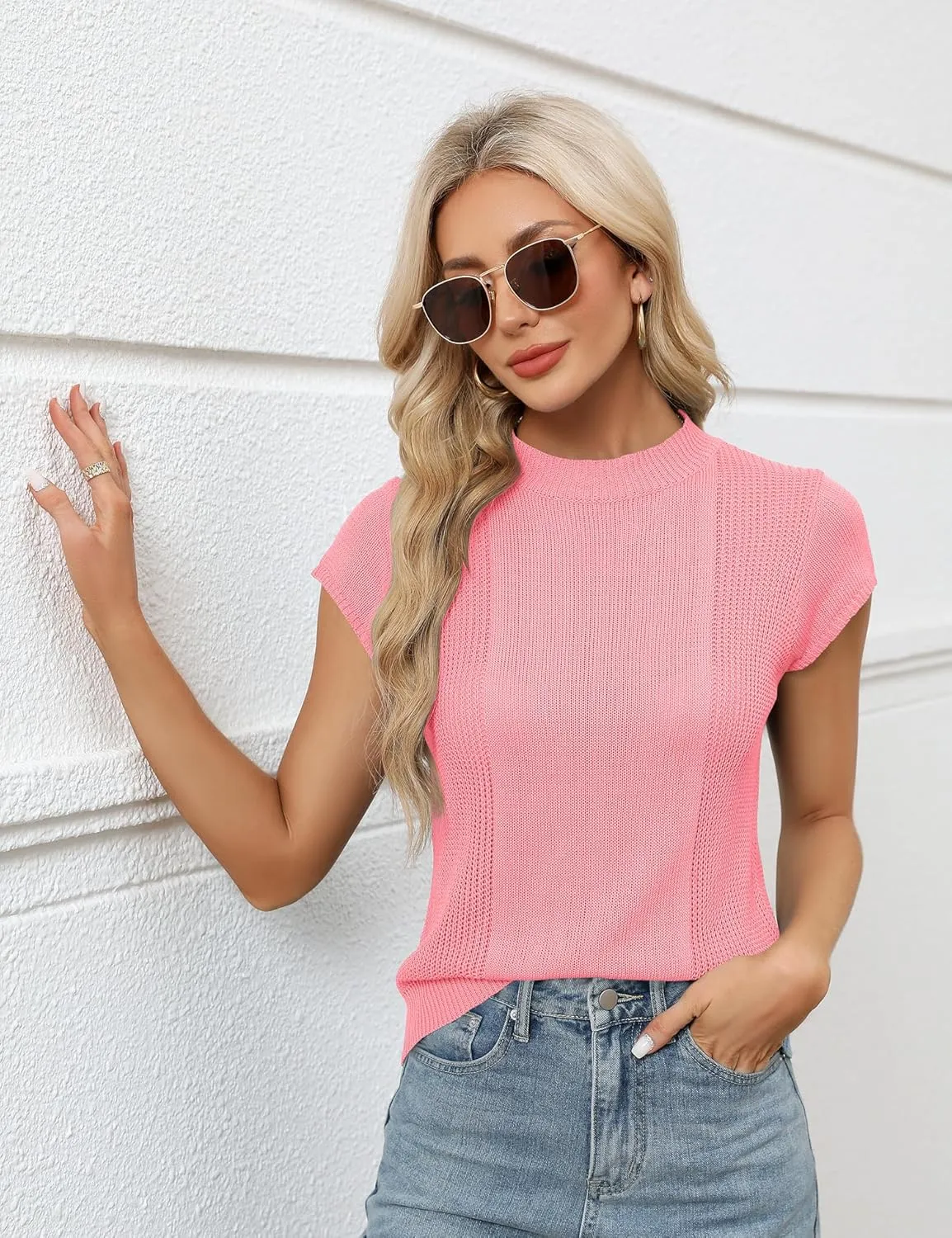 LOMON Women's Summer Cap Sleeve Knit Tops Mock Neck Business Casual Sweaters Lightweight Pullover Blouses