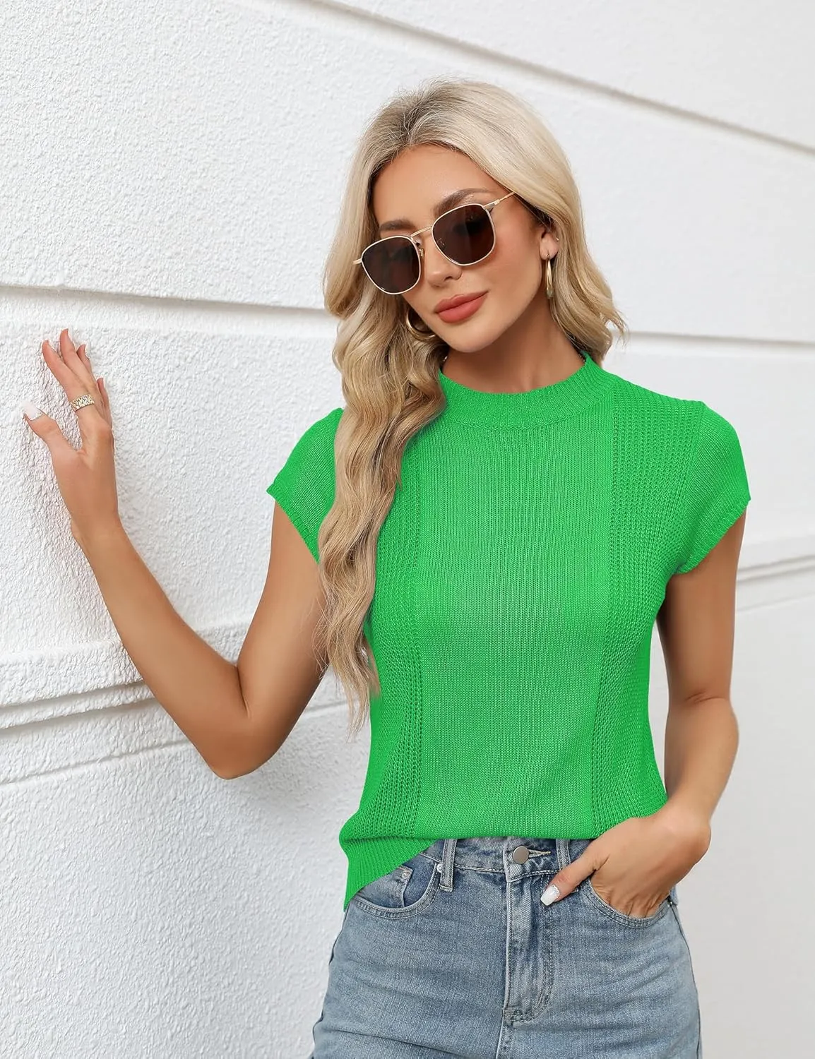 LOMON Women's Summer Cap Sleeve Knit Tops Mock Neck Business Casual Sweaters Lightweight Pullover Blouses