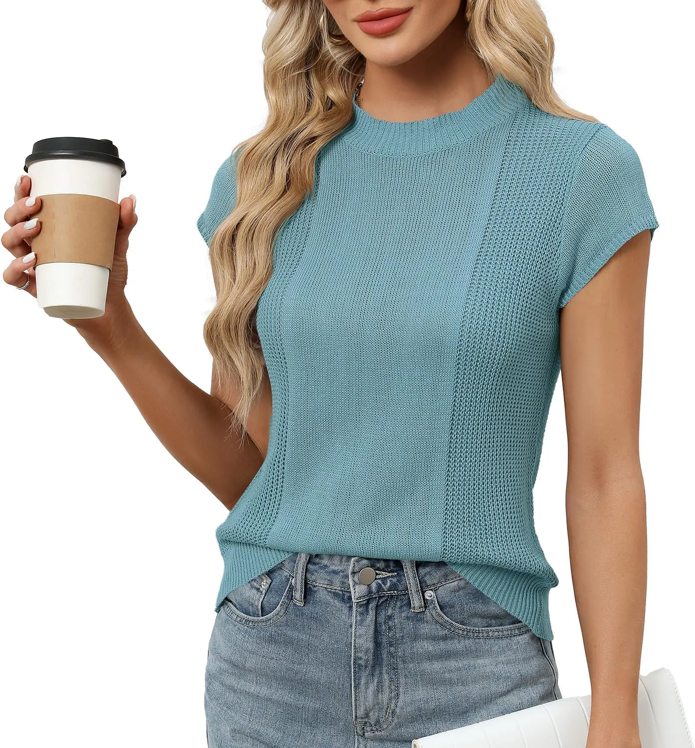 LOMON Women's Summer Cap Sleeve Knit Tops Mock Neck Business Casual Sweaters Lightweight Pullover Blouses