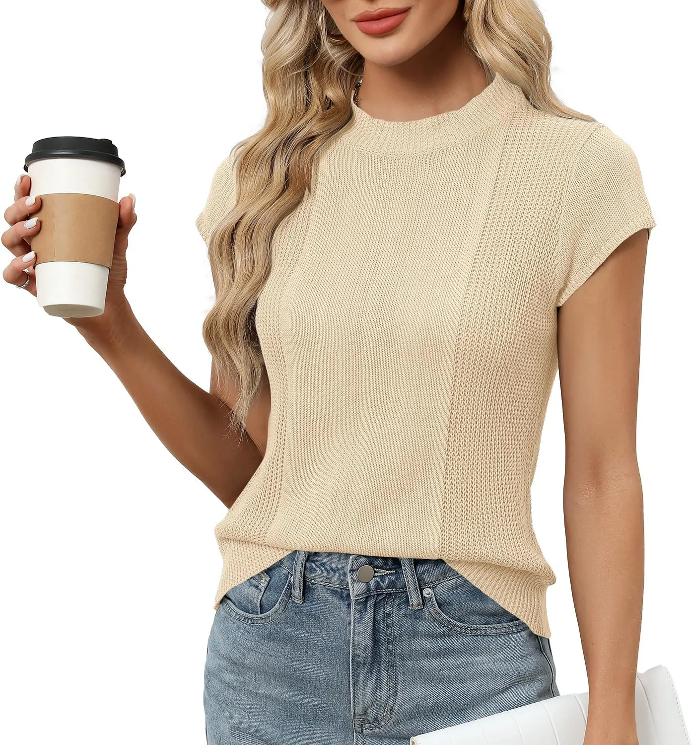 LOMON Women's Summer Cap Sleeve Knit Tops Mock Neck Business Casual Sweaters Lightweight Pullover Blouses