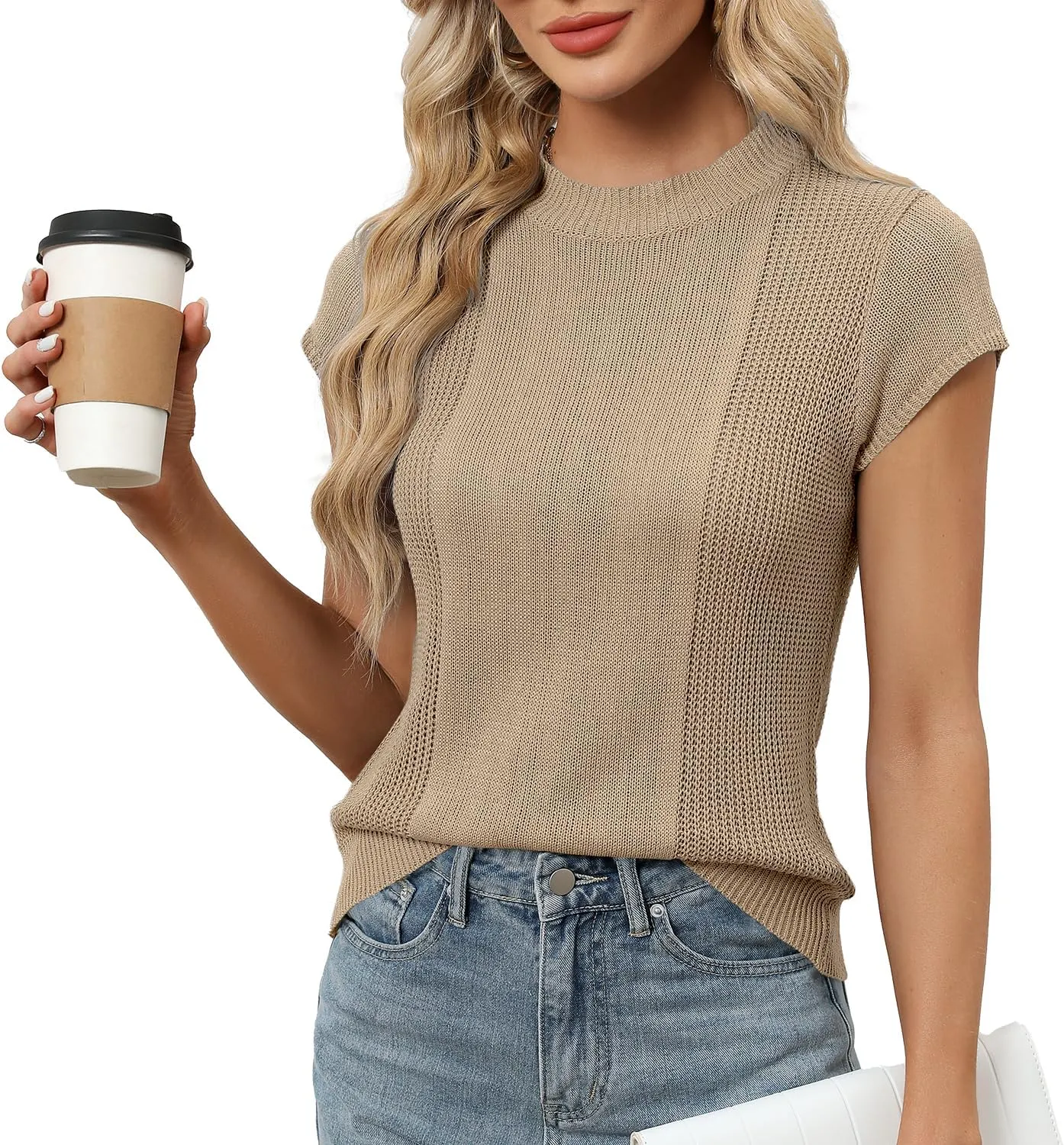 LOMON Women's Summer Cap Sleeve Knit Tops Mock Neck Business Casual Sweaters Lightweight Pullover Blouses