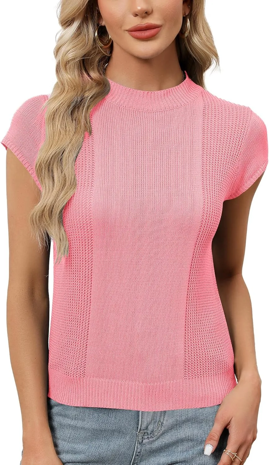 LOMON Women's Summer Cap Sleeve Knit Tops Mock Neck Business Casual Sweaters Lightweight Pullover Blouses