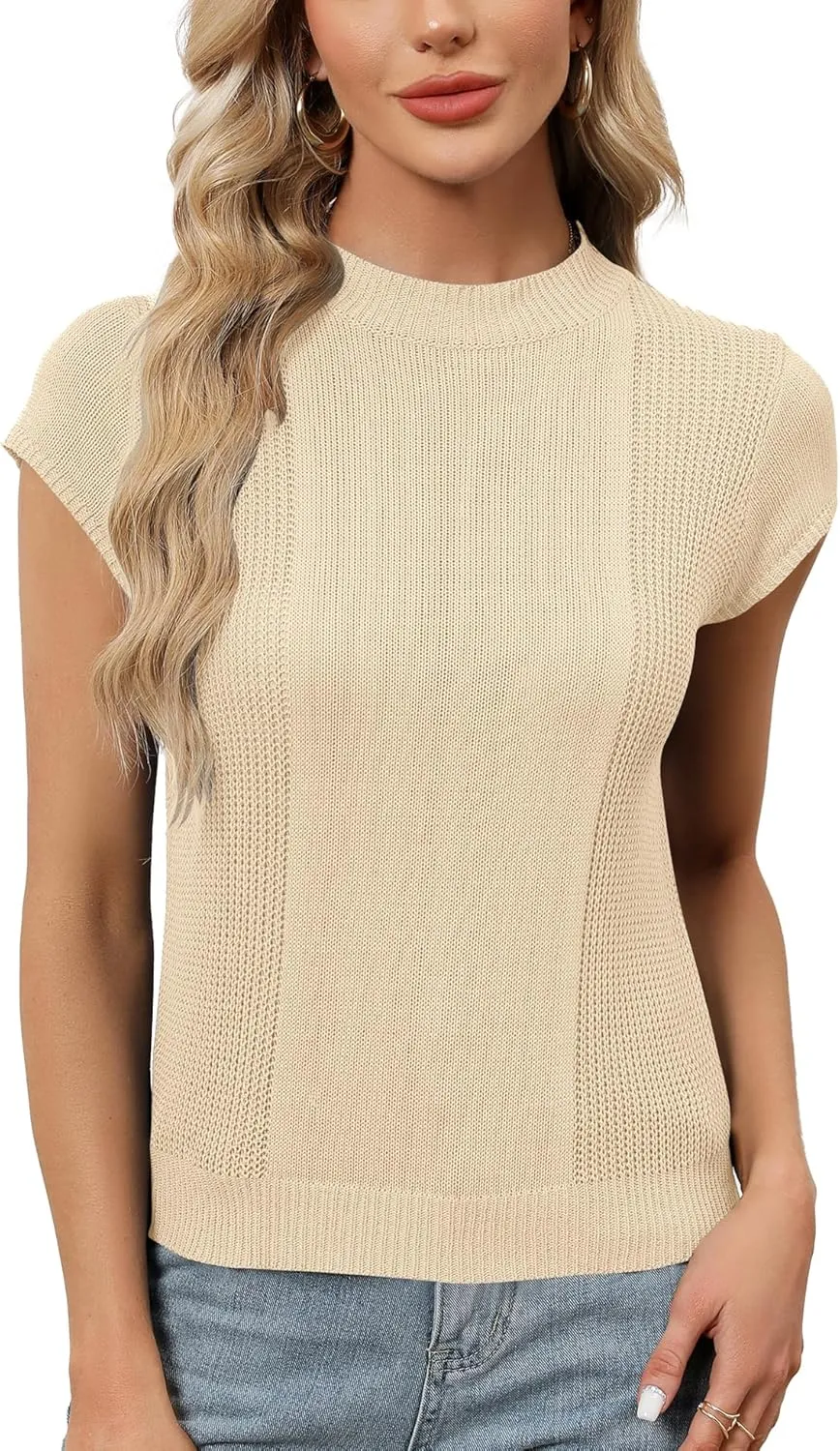 LOMON Women's Summer Cap Sleeve Knit Tops Mock Neck Business Casual Sweaters Lightweight Pullover Blouses