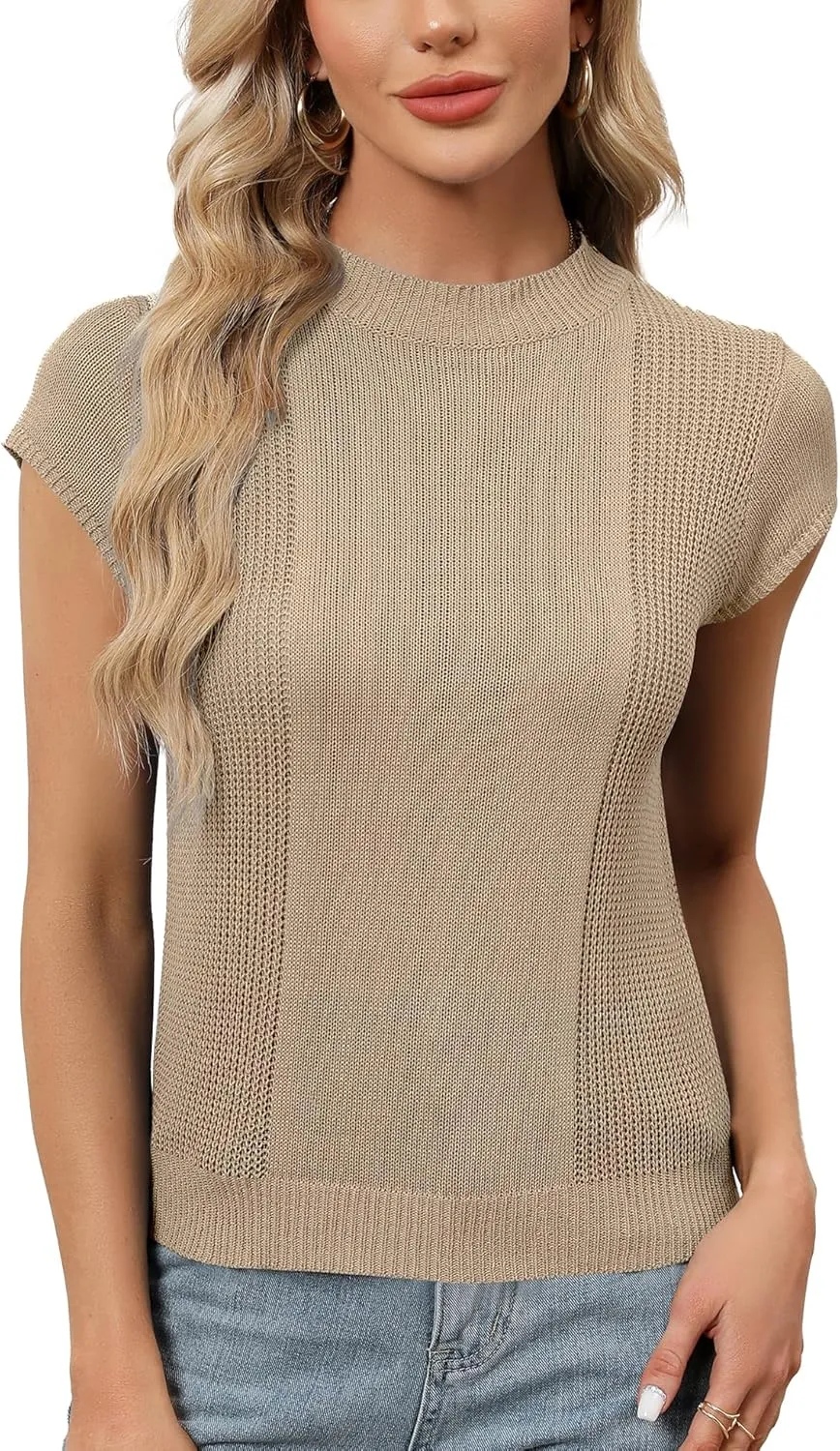 LOMON Women's Summer Cap Sleeve Knit Tops Mock Neck Business Casual Sweaters Lightweight Pullover Blouses