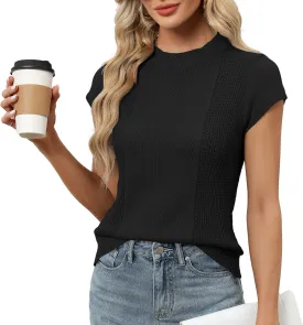 LOMON Women's Summer Cap Sleeve Knit Tops Mock Neck Business Casual Sweaters Lightweight Pullover Blouses