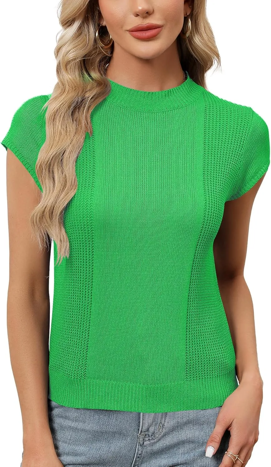 LOMON Women's Summer Cap Sleeve Knit Tops Mock Neck Business Casual Sweaters Lightweight Pullover Blouses