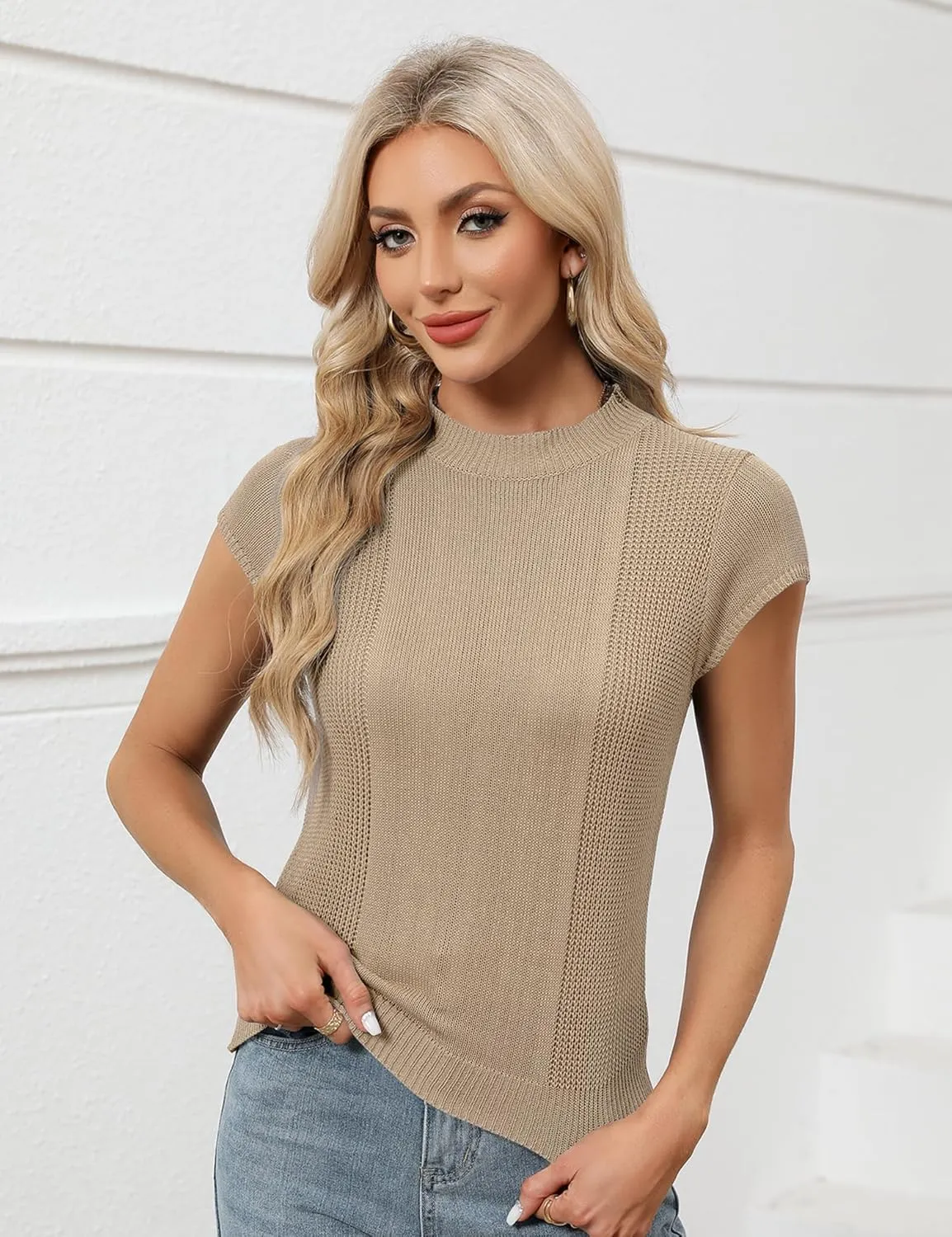 LOMON Women's Summer Cap Sleeve Knit Tops Mock Neck Business Casual Sweaters Lightweight Pullover Blouses