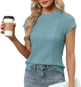 LOMON Women's Summer Cap Sleeve Knit Tops Mock Neck Business Casual Sweaters Lightweight Pullover Blouses