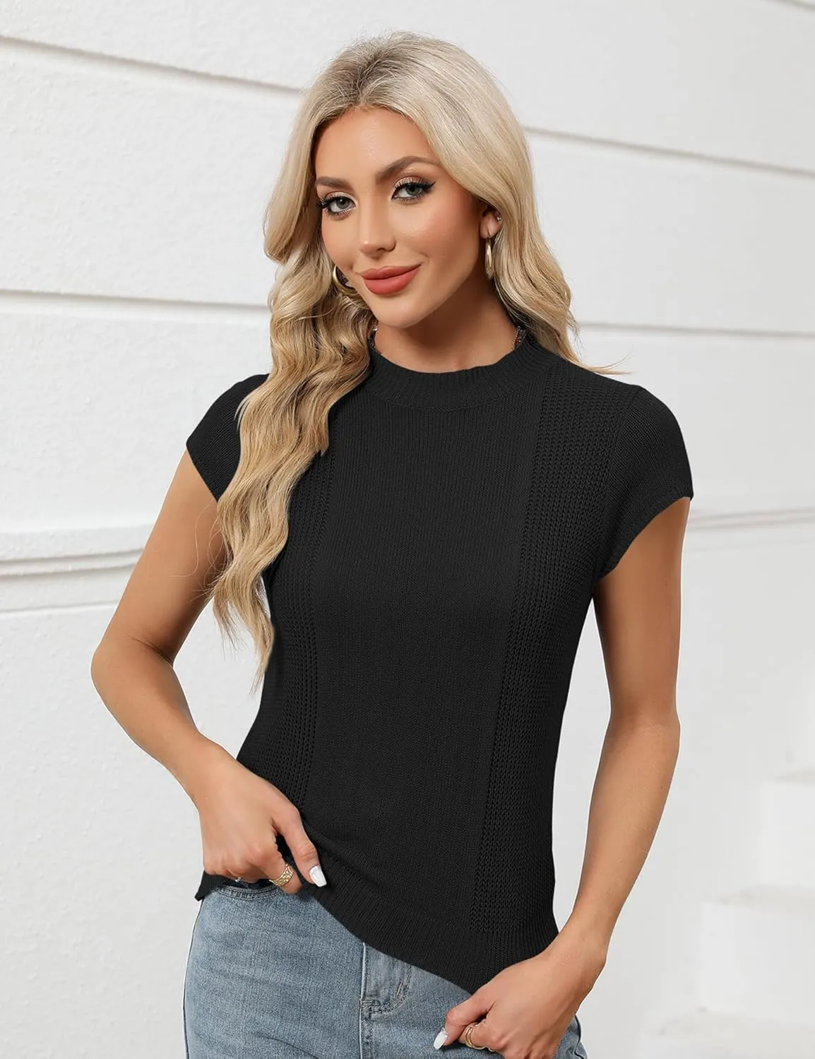 LOMON Women's Summer Cap Sleeve Knit Tops Mock Neck Business Casual Sweaters Lightweight Pullover Blouses