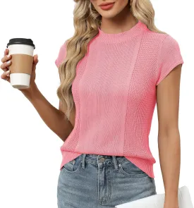 LOMON Women's Summer Cap Sleeve Knit Tops Mock Neck Business Casual Sweaters Lightweight Pullover Blouses