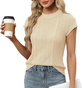 LOMON Women's Summer Cap Sleeve Knit Tops Mock Neck Business Casual Sweaters Lightweight Pullover Blouses