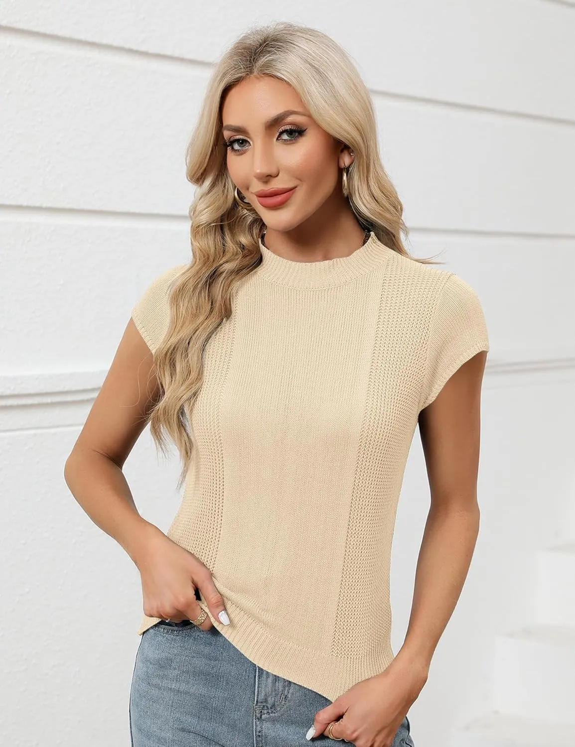 LOMON Women's Summer Cap Sleeve Knit Tops Mock Neck Business Casual Sweaters Lightweight Pullover Blouses