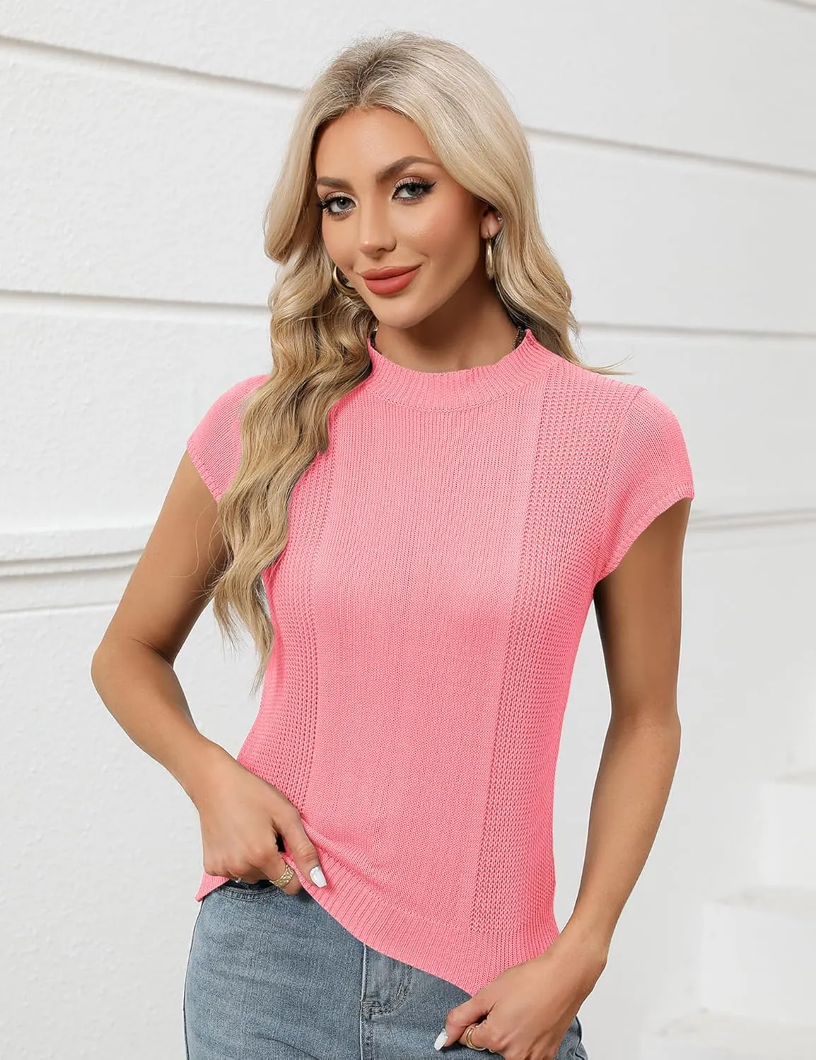 LOMON Women's Summer Cap Sleeve Knit Tops Mock Neck Business Casual Sweaters Lightweight Pullover Blouses