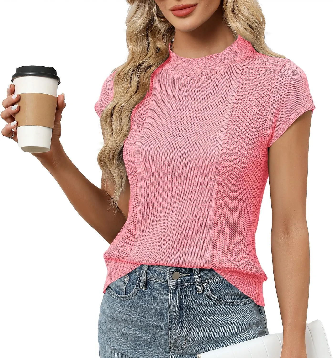 LOMON Women's Summer Cap Sleeve Knit Tops Mock Neck Business Casual Sweaters Lightweight Pullover Blouses