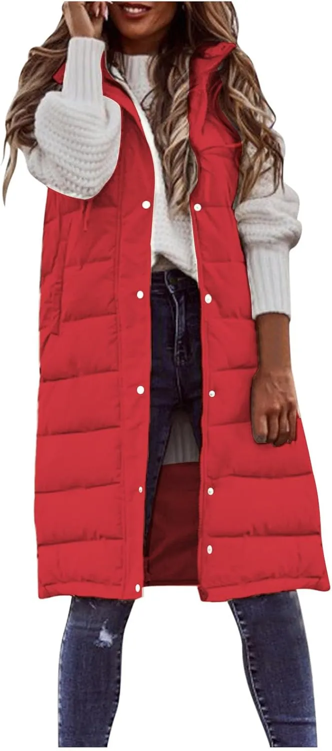 Long Puffer Vest Women Quilted Hooded Sleeveless Down Vest Outerwear Padded Jacket Fall Winter Coat with Pockets