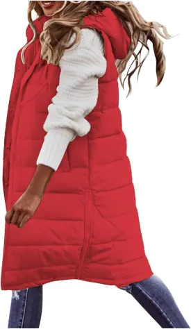 Long Puffer Vest Women Quilted Hooded Sleeveless Down Vest Outerwear Padded Jacket Fall Winter Coat with Pockets
