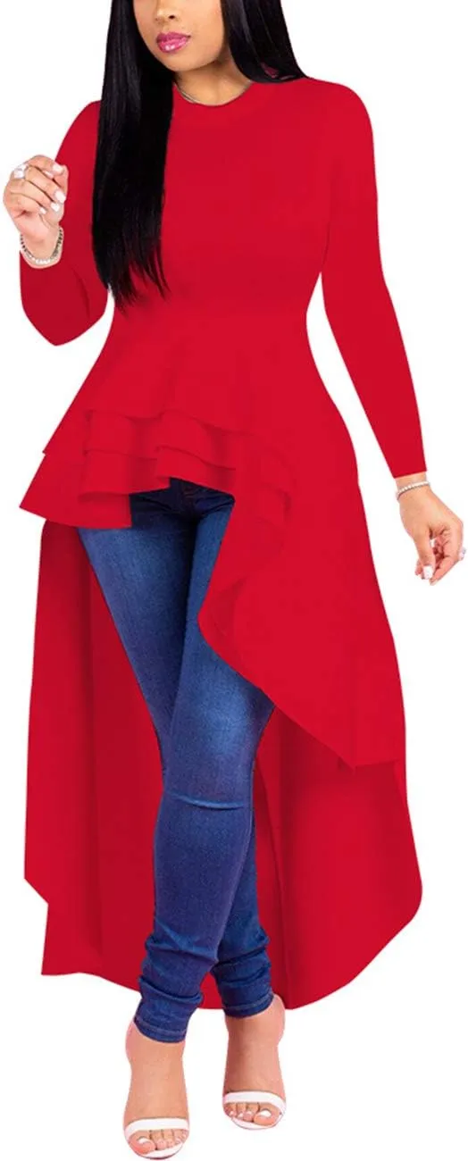 Lrady Womens Casual Shirt Dress High Low Ruffle Blouse Asymmetrical Peplum Tops Long Tunic Dresses