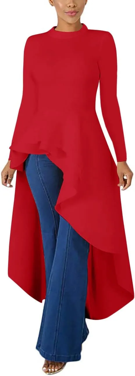 Lrady Womens Casual Shirt Dress High Low Ruffle Blouse Asymmetrical Peplum Tops Long Tunic Dresses