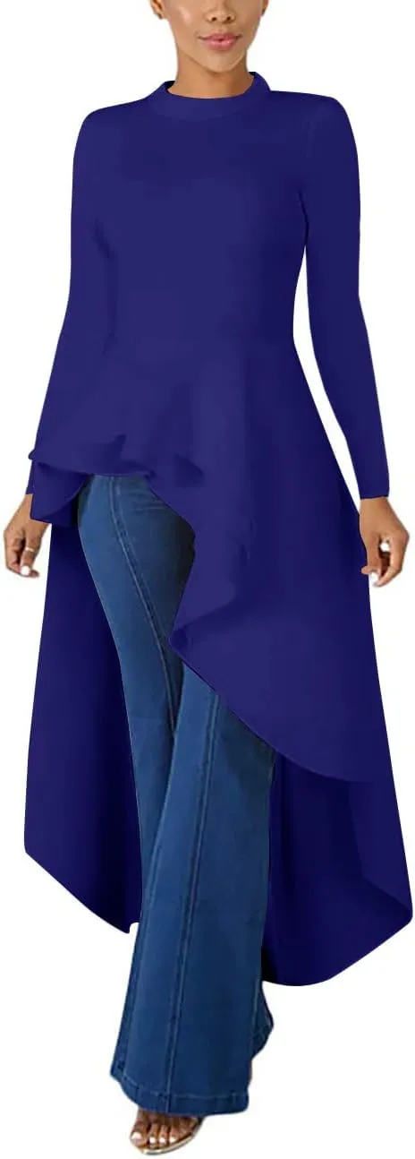 Lrady Womens Casual Shirt Dress High Low Ruffle Blouse Asymmetrical Peplum Tops Long Tunic Dresses