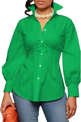 LROSEY Sexy Womens Button Down Tunic Shirts Plus Size Long Puff Sleeve Peplum Tops Collared Blouses